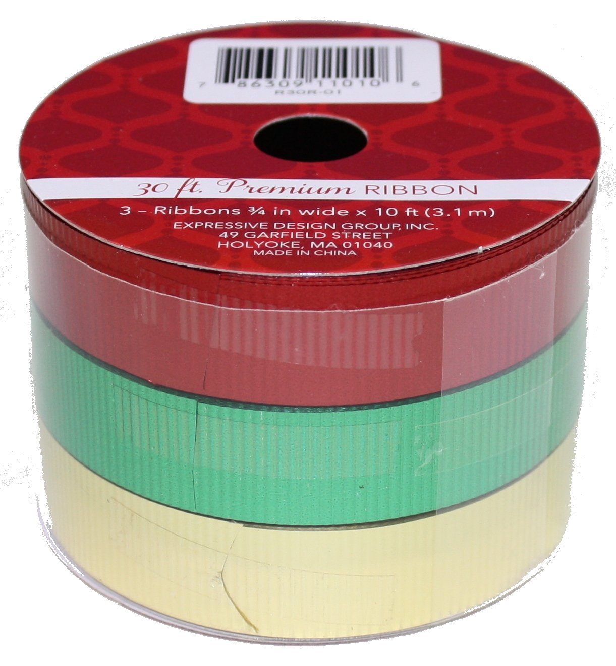 10 Foot Premium Ribbon 3 Piece Set - Red/Green/Gold