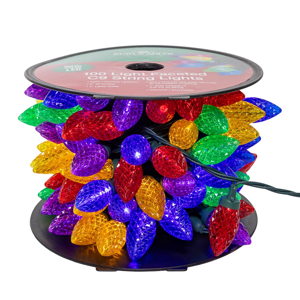 100-Light Multicolor LED Faceted C9 Green Wire String Lights