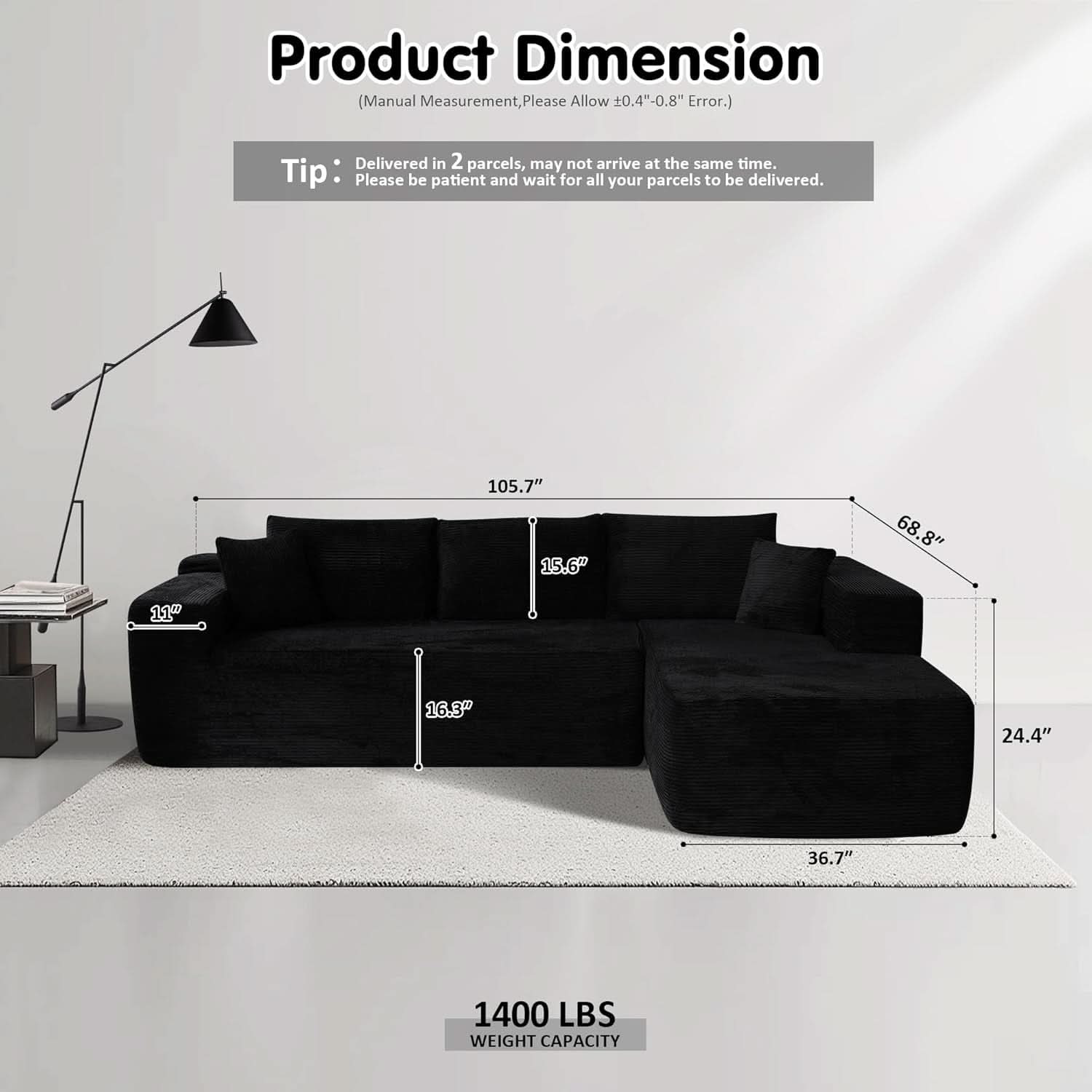 104 Inch Black Corduroy L Shaped Sectional Sofa Deep Set Upholstered Modular Couch No Assembly