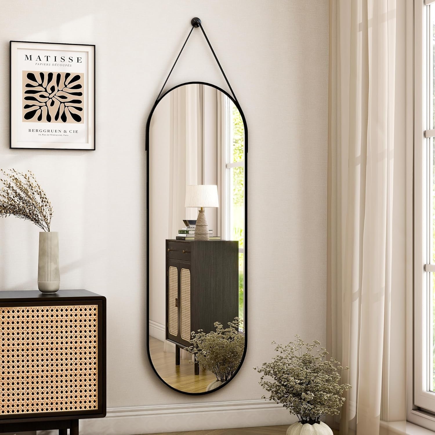 16x48 Inch Oval Hanging Mirror With Leather Strap Aluminum Frame Full Length