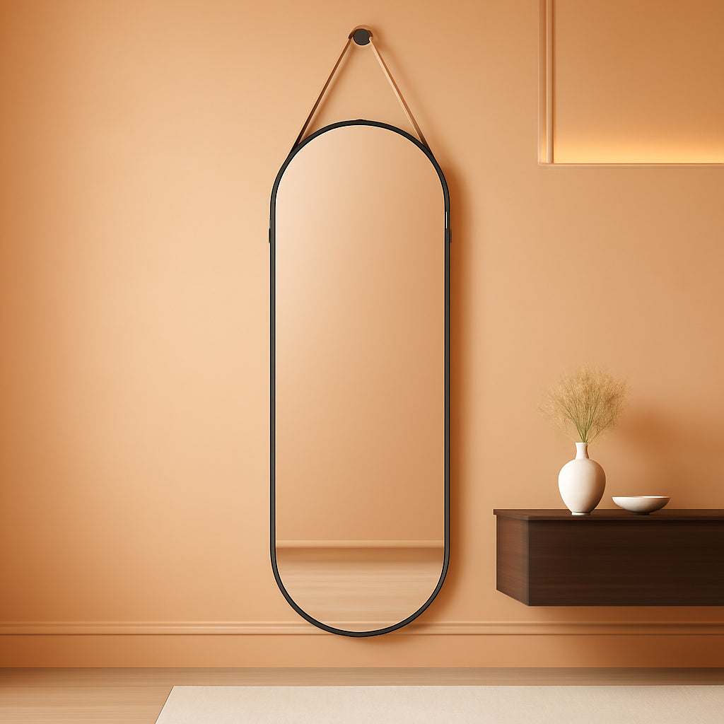 16x48 Inch Oval Hanging Mirror With Leather Strap Aluminum Frame Full Length