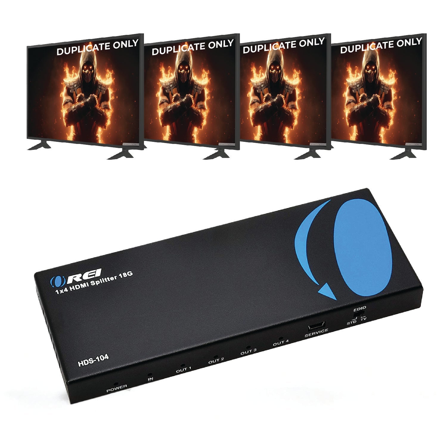 1x4 HDMI Splitter with Power Adapter : 1-in 4-out, EDID (HDS-104)