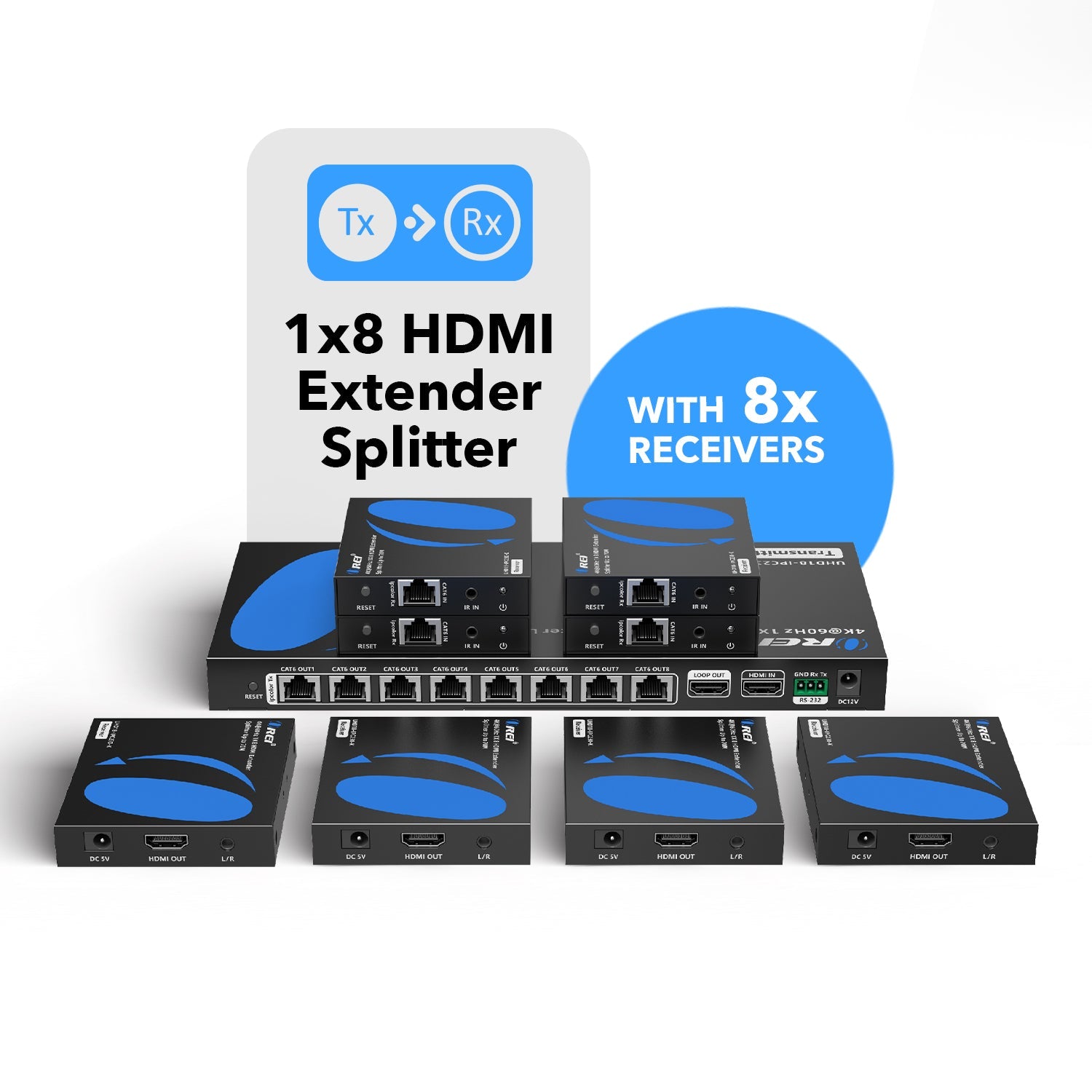 1x8 4K HDMI Extender Splitter Over Single CAT6/7 Up to 230 Ft - ipcolor technology 18 Gbps Bandwidth Bi-directional IR, RS-232 Control & Advance EDID (UHD18-IPC230-K)