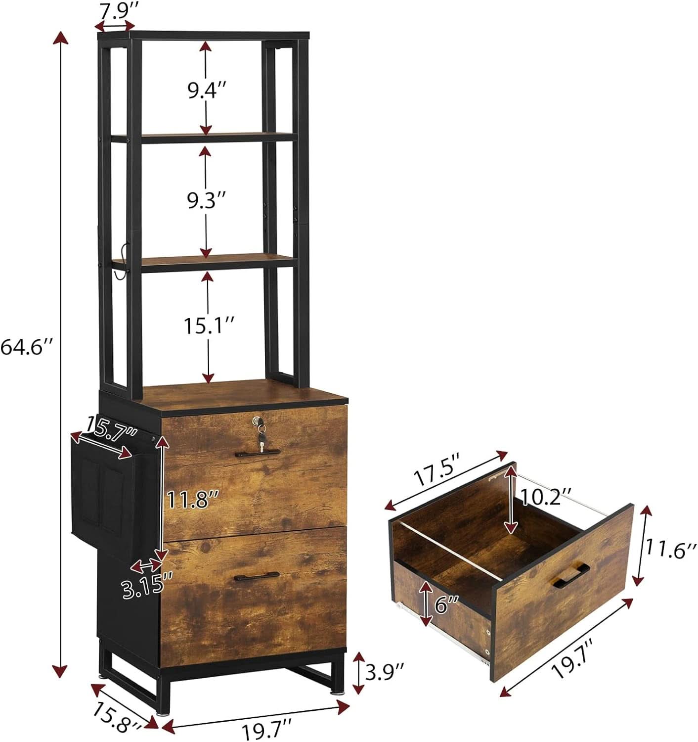 2 Drawer File Cabinet With Lock Rustic Brown For Letter Legal A4 Hanging File Folders Adjustable Shelf
