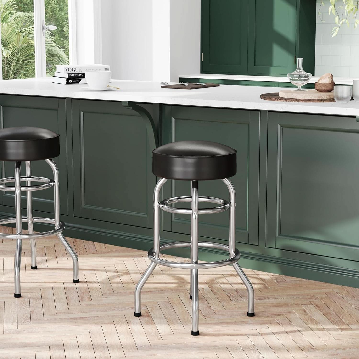 2 Pack Chrome Double Ring Bar Stools with Dark Brown Seats