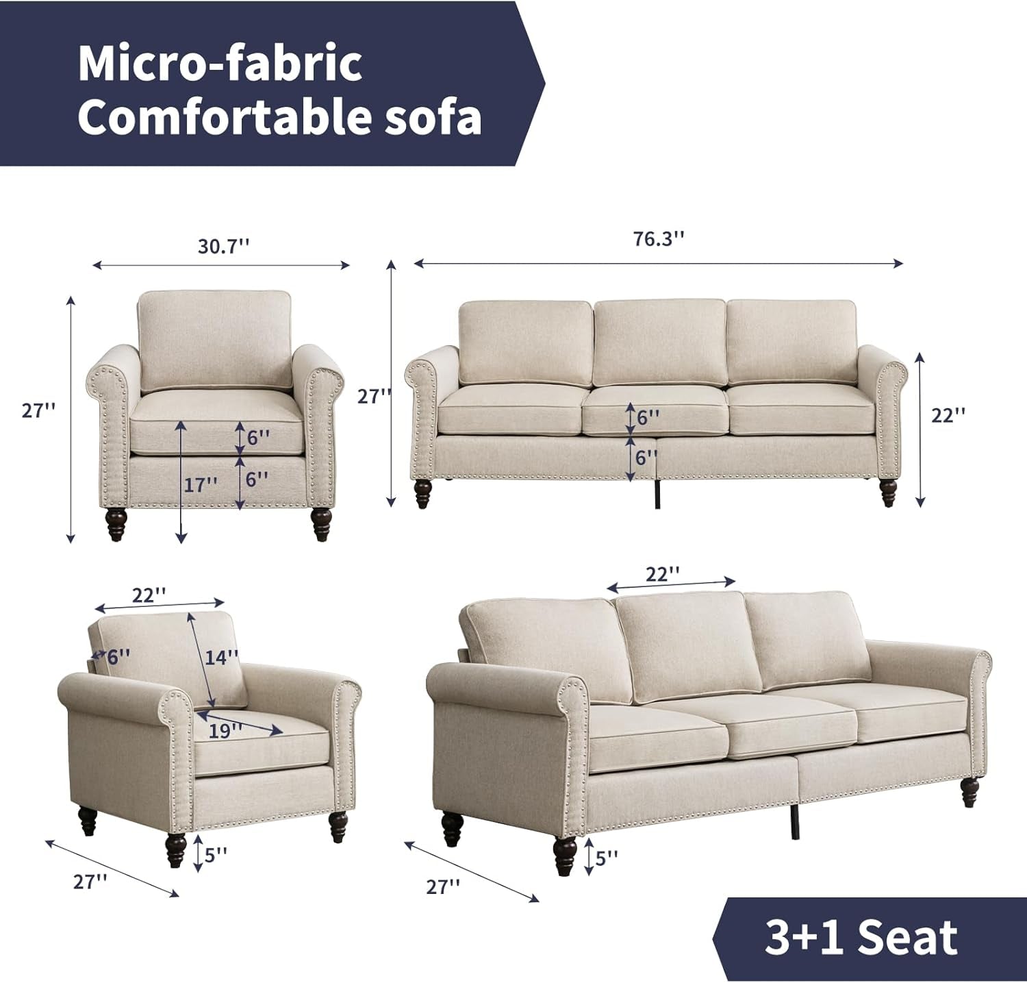 2 Piece Living Room Sofa Set With Solid Wood Frame 3 Seat Sofa And Armchair Beige