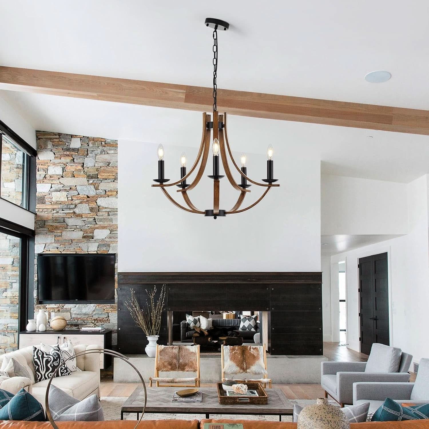 22 Inch Farmhouse Wooden Chandelier In Black Finish For Dining Room Lighting With Candle Style Ambience