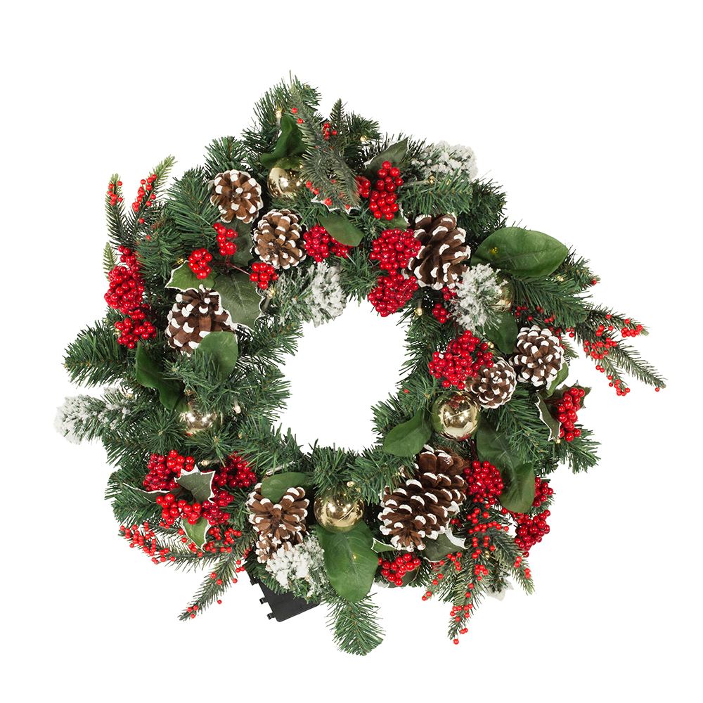 24" Battery-Operated Holly with Berries and Pinecones Pre-Lit LED Wreath