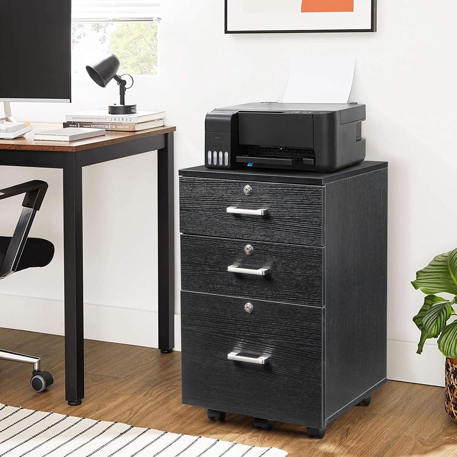 26 Inch High 3 Drawer File Cabinet With Lock On Wheels Wood Black Finish For Home Office For Letter Size Folders