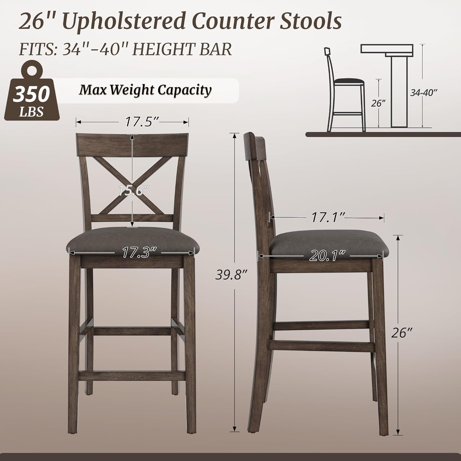 26 Inch Wood Bar Stools Set Of 4 Counter Height With X Shaped Back And Faux Leather Seat Rustic Brown