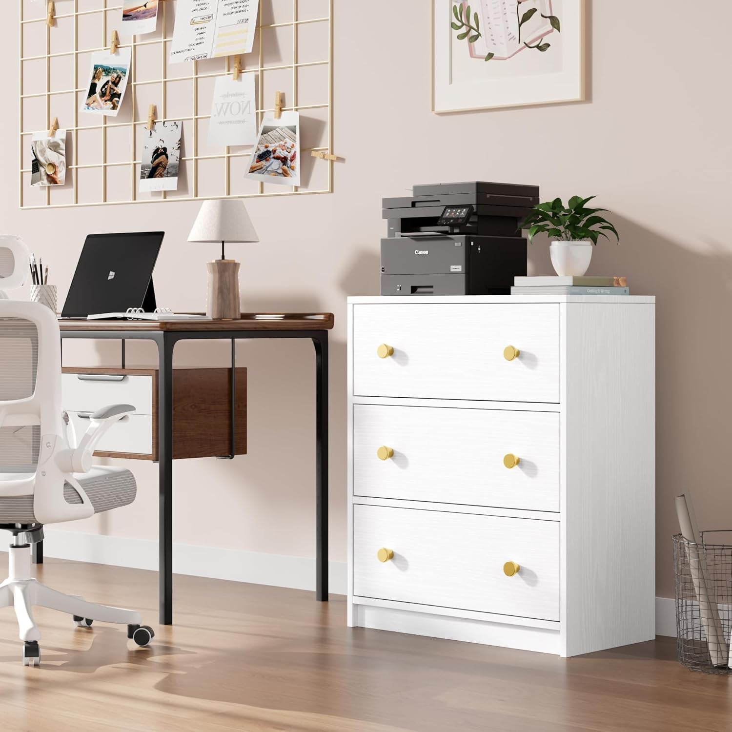 3 Drawer Dresser White Nightstand With Fabric Drawers For Bedroom Hallway And Kids Room