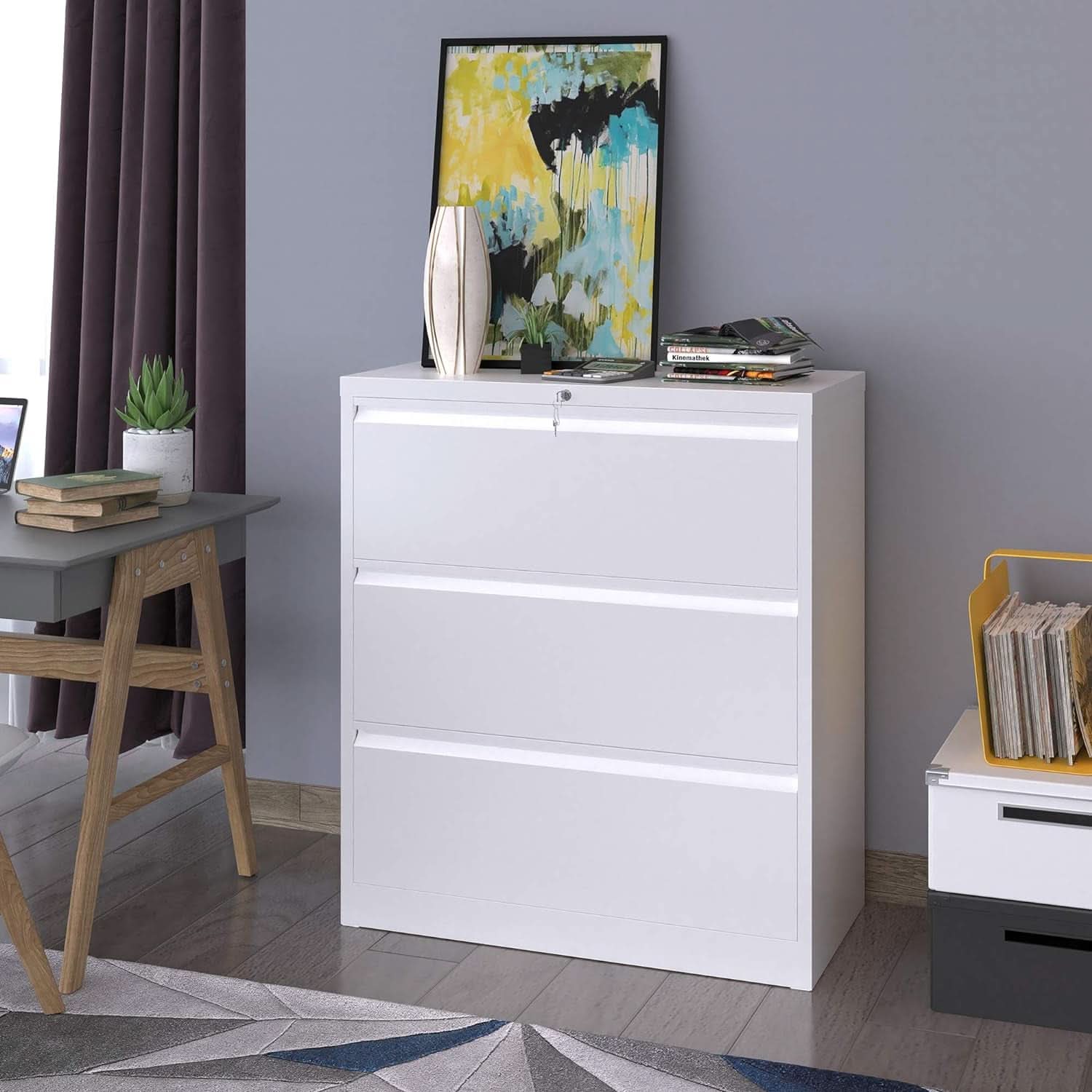 3 Drawer Lateral File Cabinet With Lock White Metal Storage Cabinet For Legal And Letter A4 Size