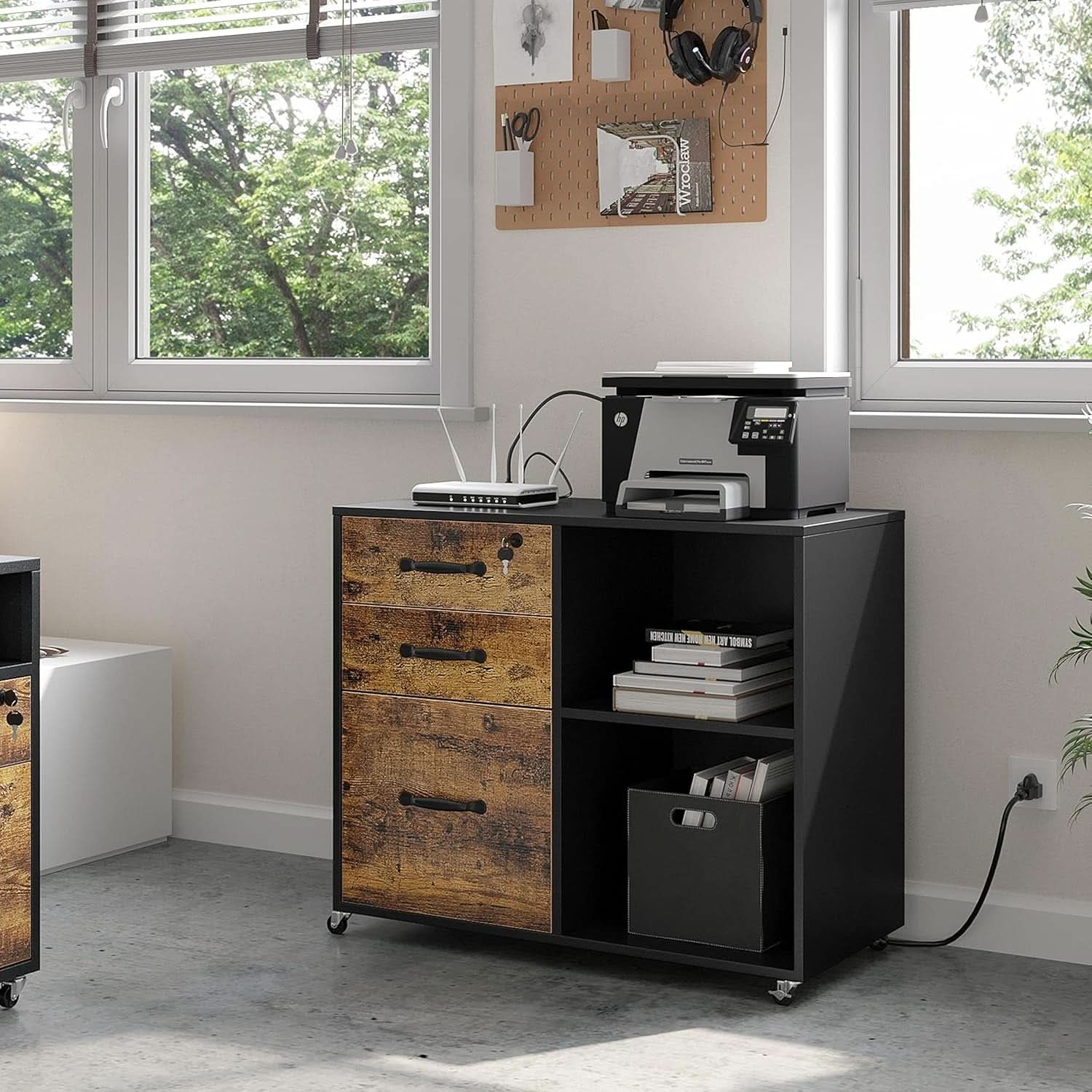 3 Drawer Mobile File Cabinet With Open Shelf Black Rustic