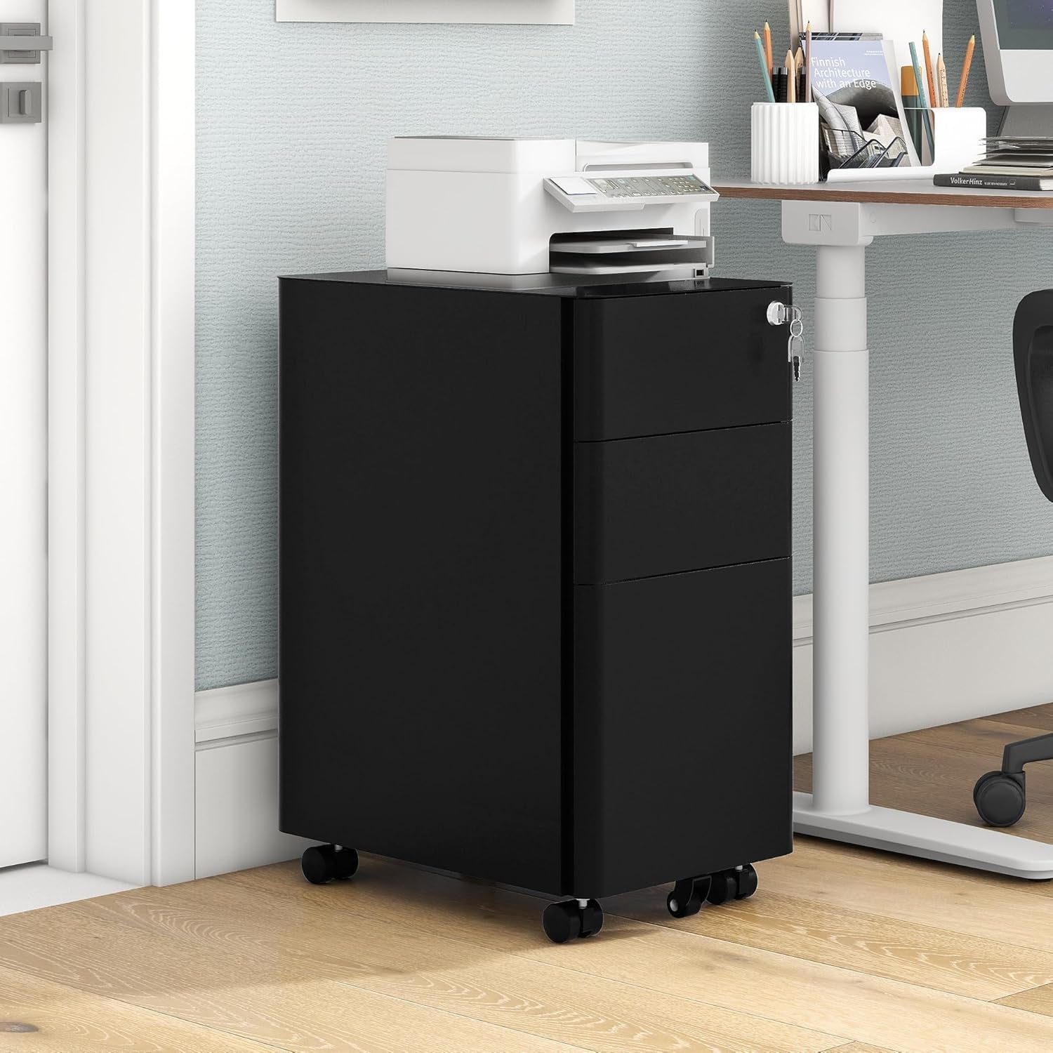 3-Drawer Vertical File Cabinet With Lock, Mobile Slim Steel Office Storage For A4 Letter Legal Documents Black