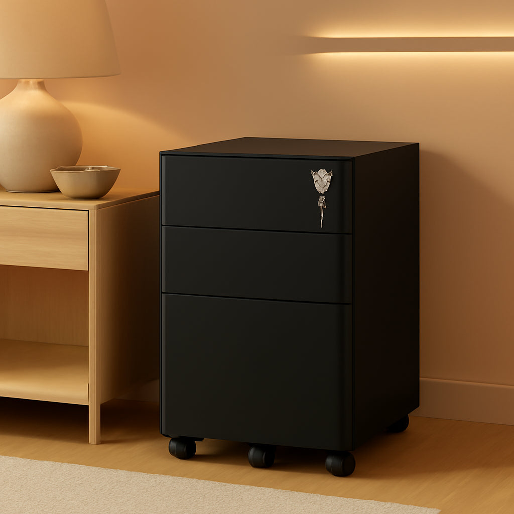 3-Drawer Vertical File Cabinet With Lock, Mobile Slim Steel Office Storage For A4 Letter Legal Documents Black