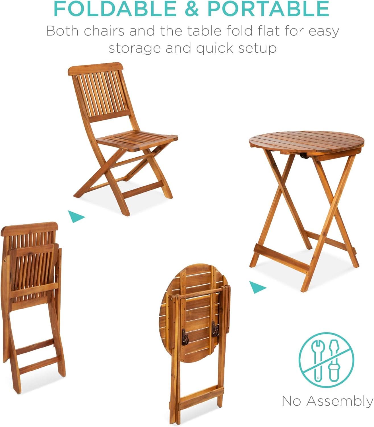 3 Piece Acacia Wood Bistro Set Folding Teak Finish Natural