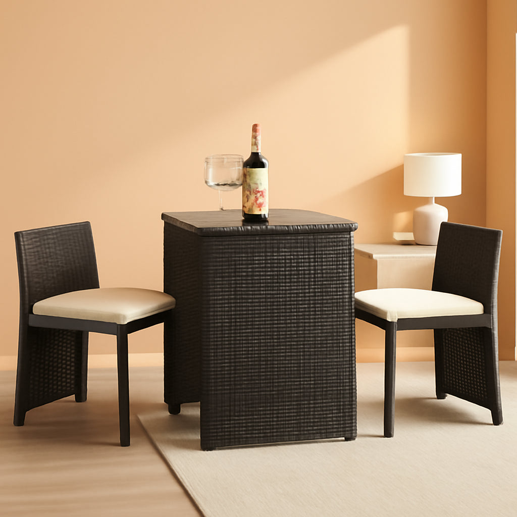 3 Piece Cushioned Wicker Patio Bistro Set No Assembly Needed With Tempered Glass Table And Two Cushioned Chairs