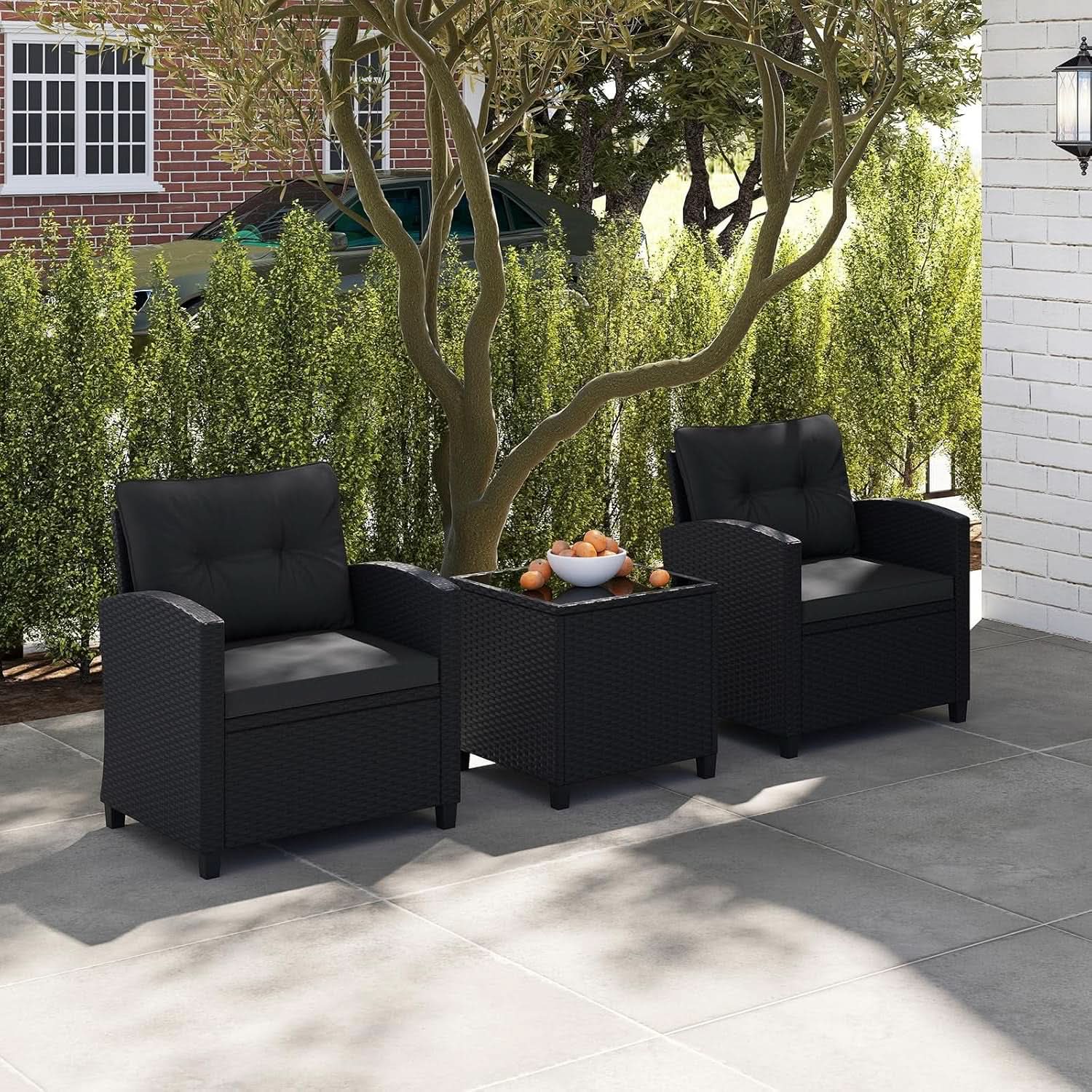 3 Piece Outdoor Patio Furniture Set Black Wicker Conversation Set With Cushions And Glass Coffee Table
