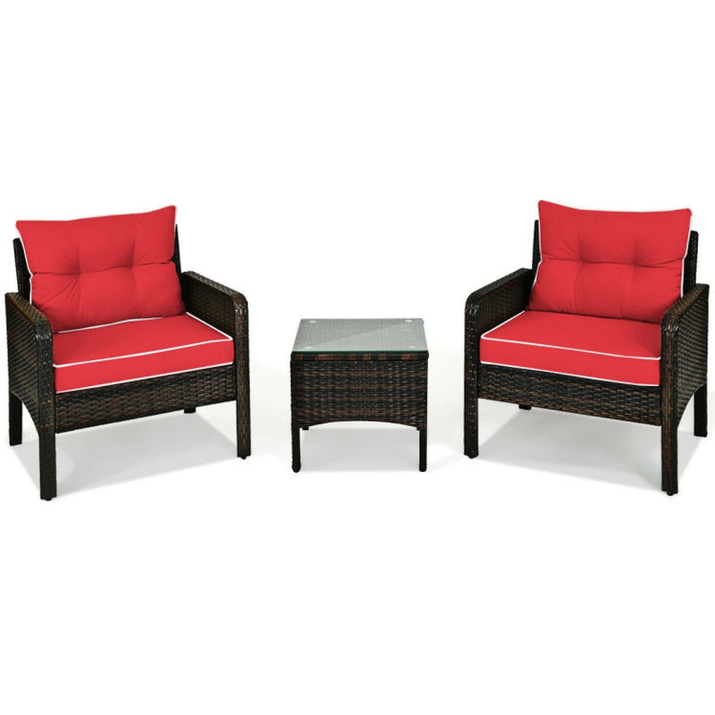 3 Piece Outdoor Rattan Patio Conversation Set With Cushions And Steel Frame Durable PE Rattan