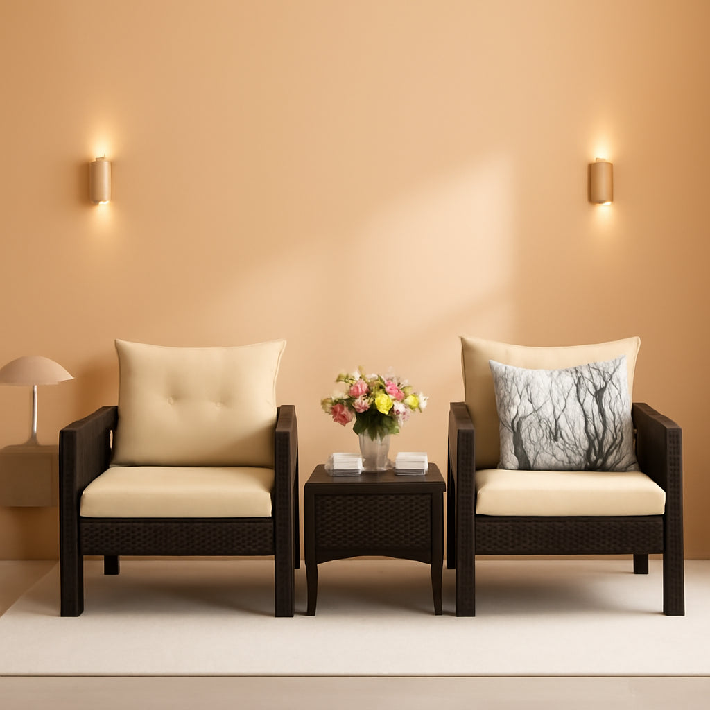 3 Piece Outdoor Rattan Patio Conversation Set With Cushions And Steel Frame Durable PE Rattan