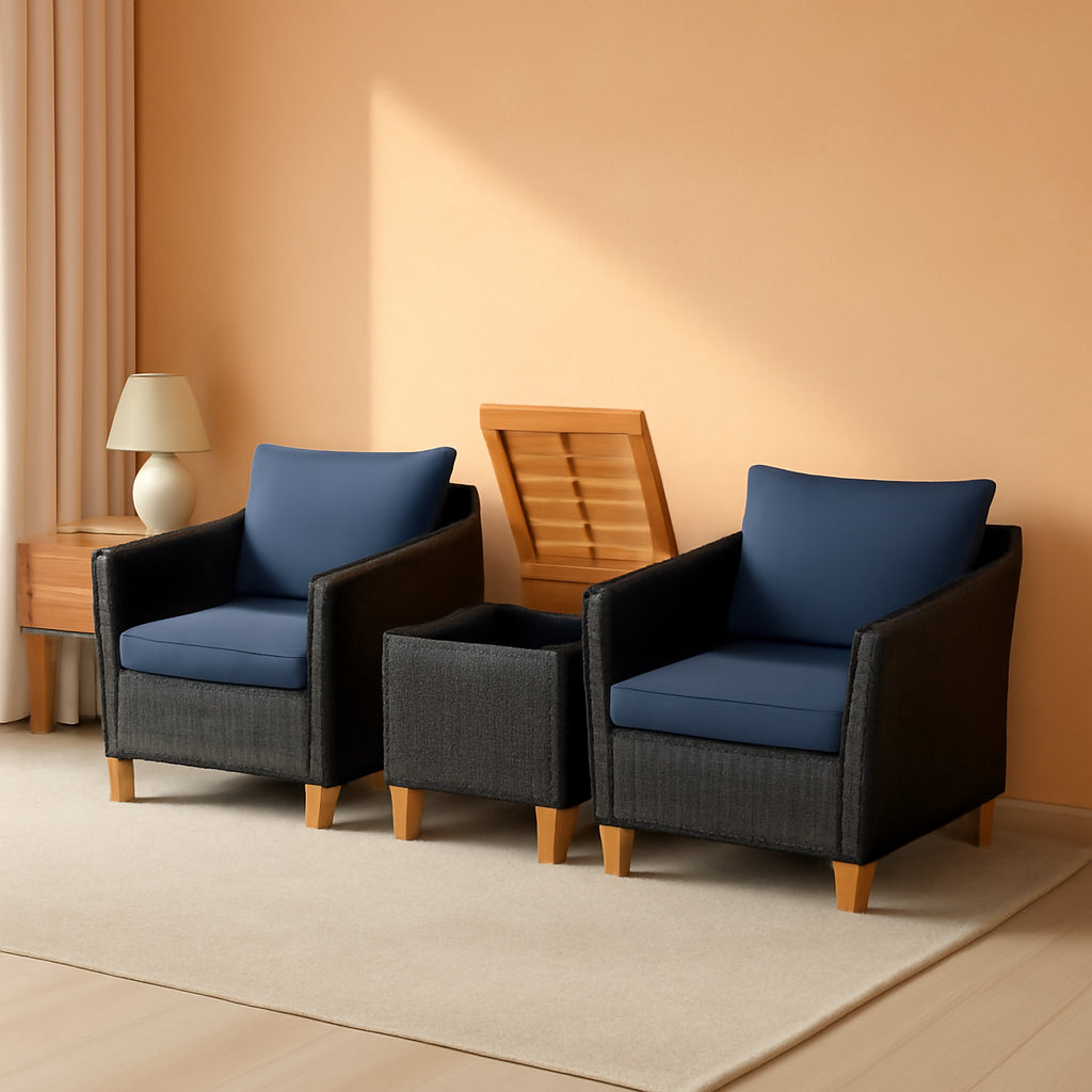 3 Piece Patio Wicker Furniture Set With Cushions And Acacia Wood Coffee Table Outdoor
