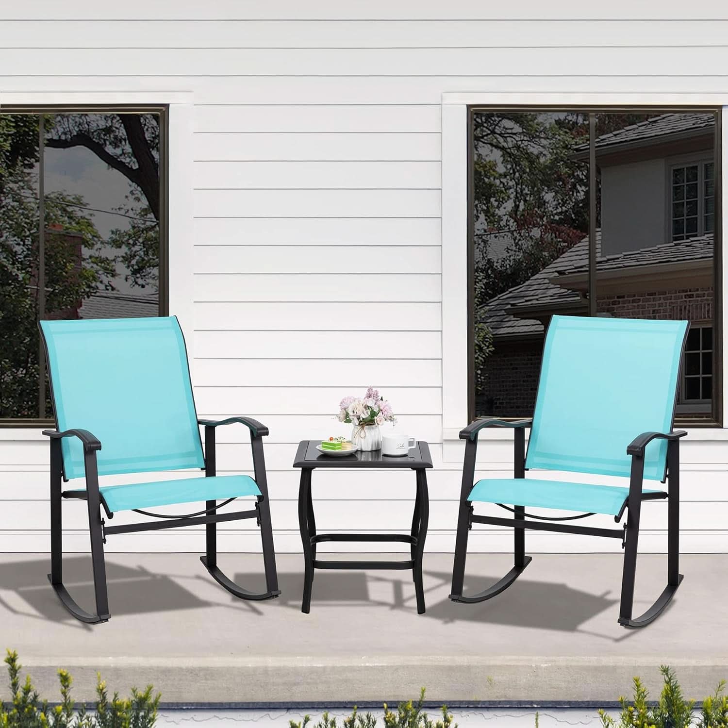 3 Piece Rocking Bistro Set Outdoor Furniture With Rocker Chairs And Glass Coffee Table For Small Space Blue