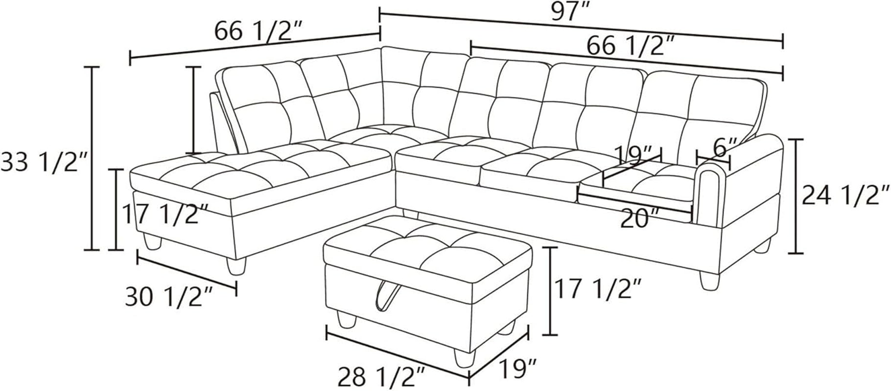 3 Piece Sectional Sofa Set Left Facing Chaise Grey