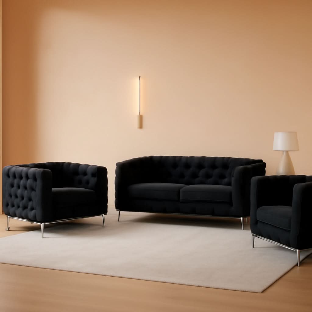 3 Piece Velvet Living Room Set Black Loveseat And Chairs