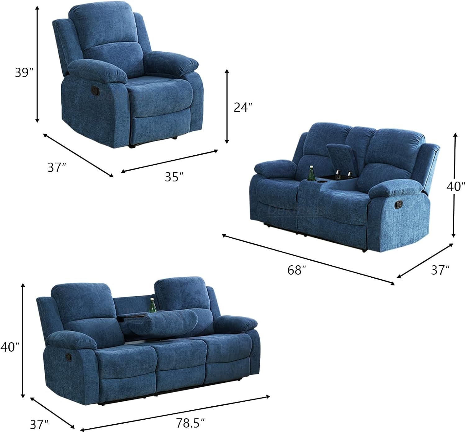 3 Seater Manual Recliner Sofa Blue Fabric With Cup Holders And Drop Down Table For Living Room