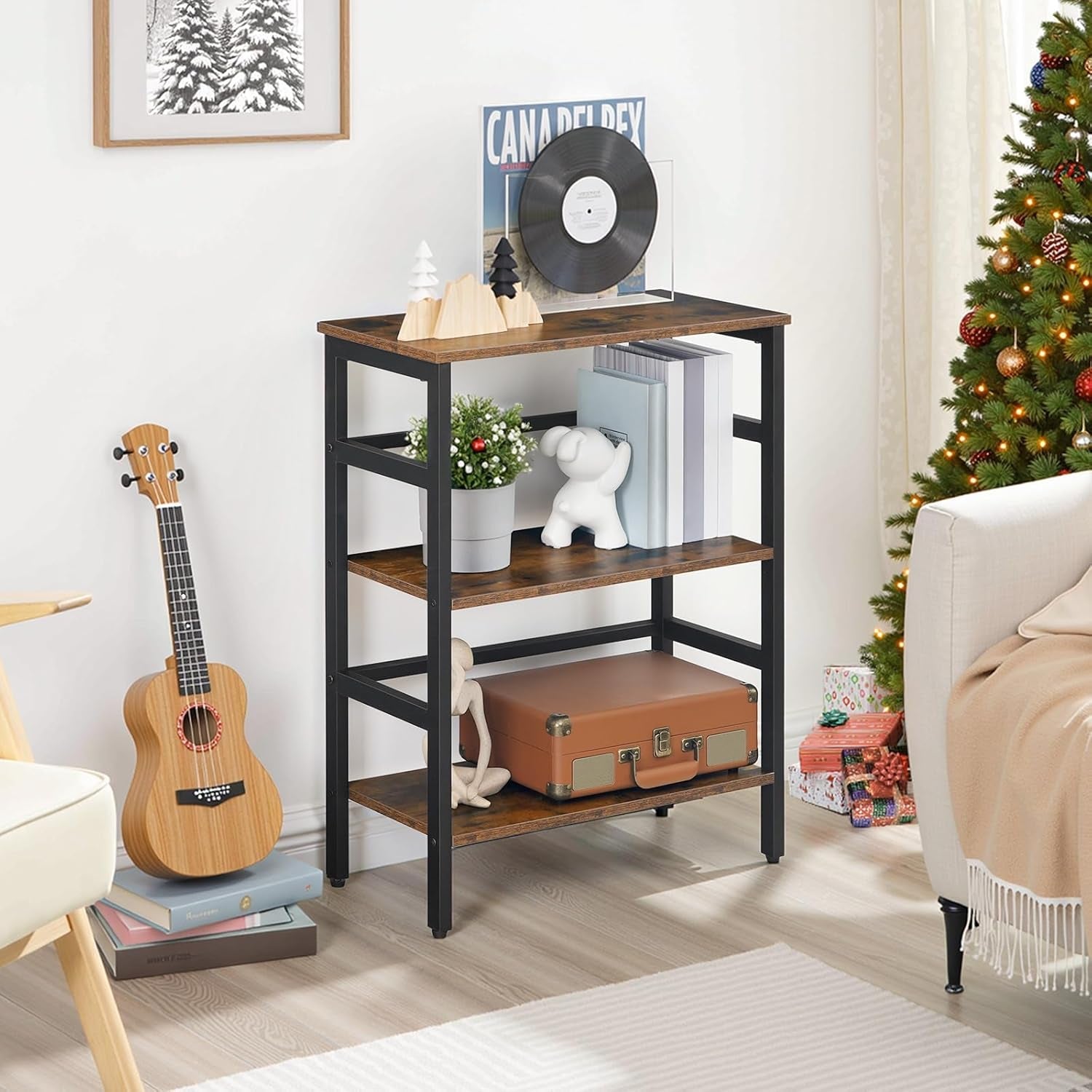 3 Tier Industrial Wood And Metal Bookcase With Rustic Brown Open Display For Living Room And Bedroom