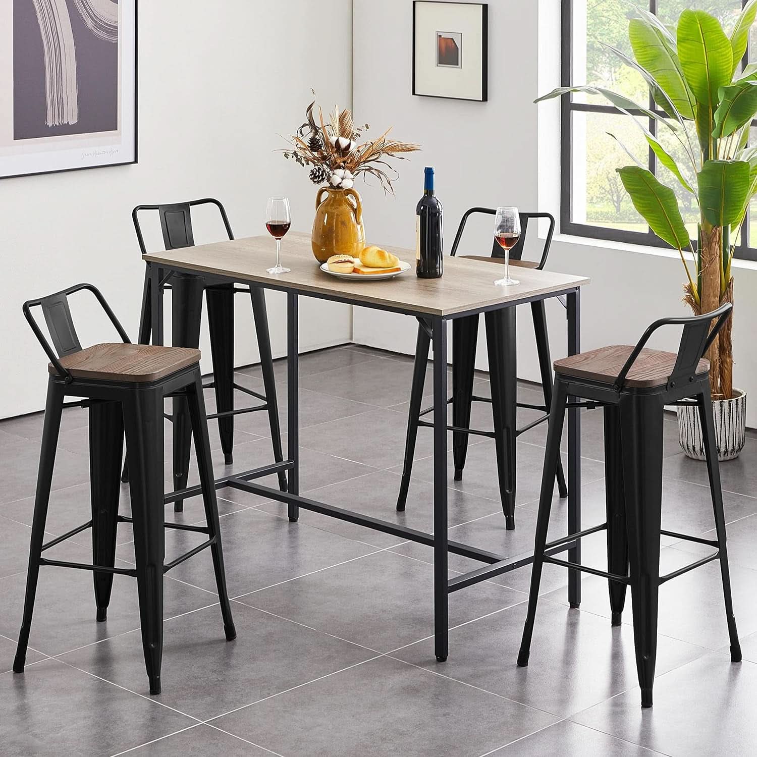 30 Inch Matte Black Metal Bar Stools Set Of 4 Wood Top