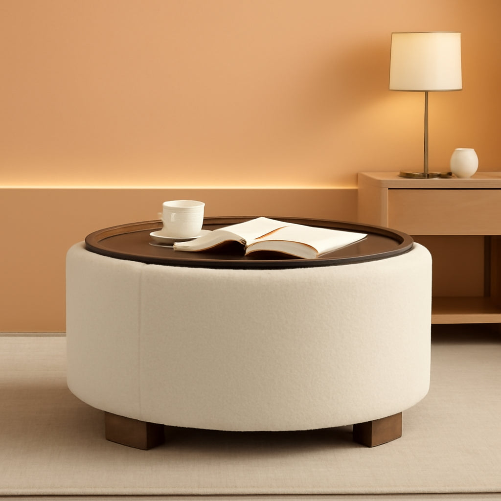 30 Inches Round Hidden Storage Ottoman Beige Boucle