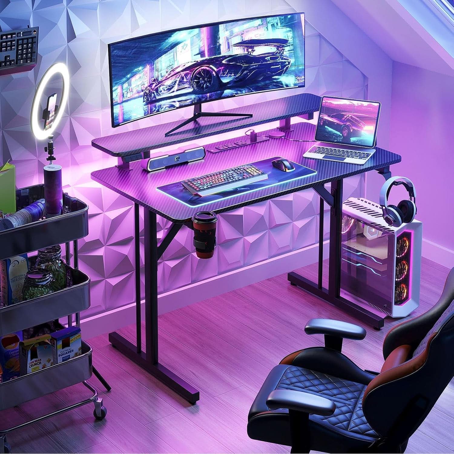 31 Inch Gaming Desk With LED Lights And Power Outlets