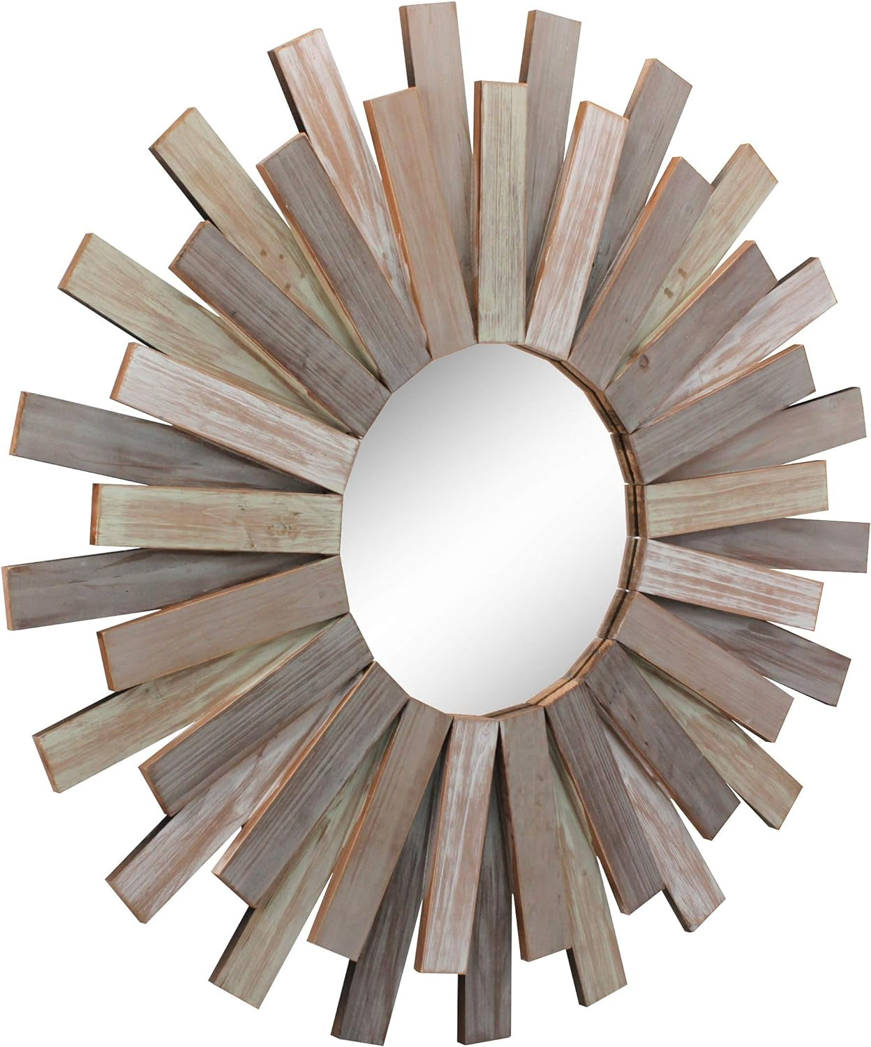 32 Inch Round Wooden Sunburst Wall Mirror Multicolor Finish