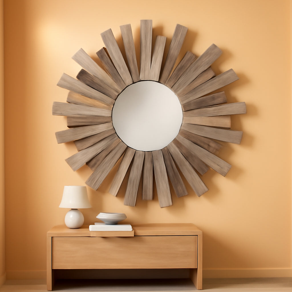 32 Inch Round Wooden Sunburst Wall Mirror Multicolor Finish