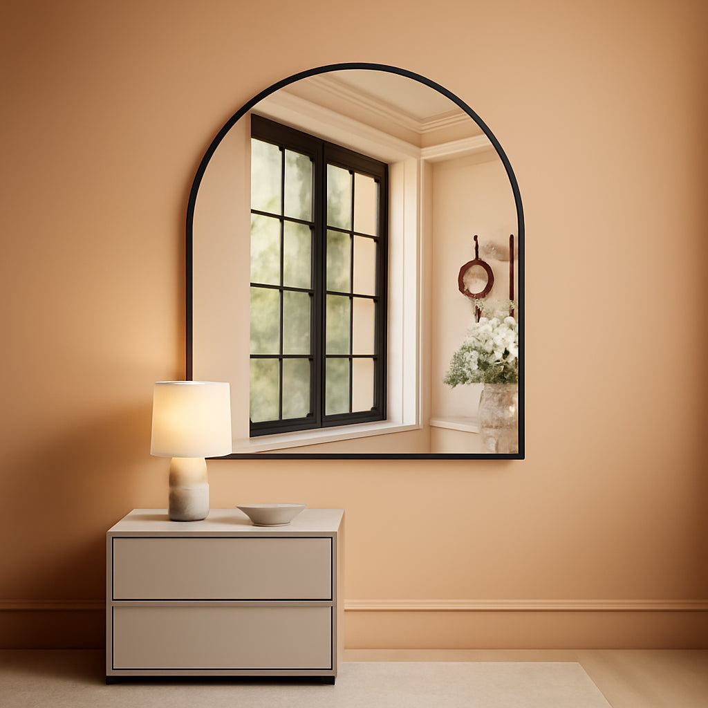 32x31 Inch Arched Bathroom Mirror Black Metal Frame