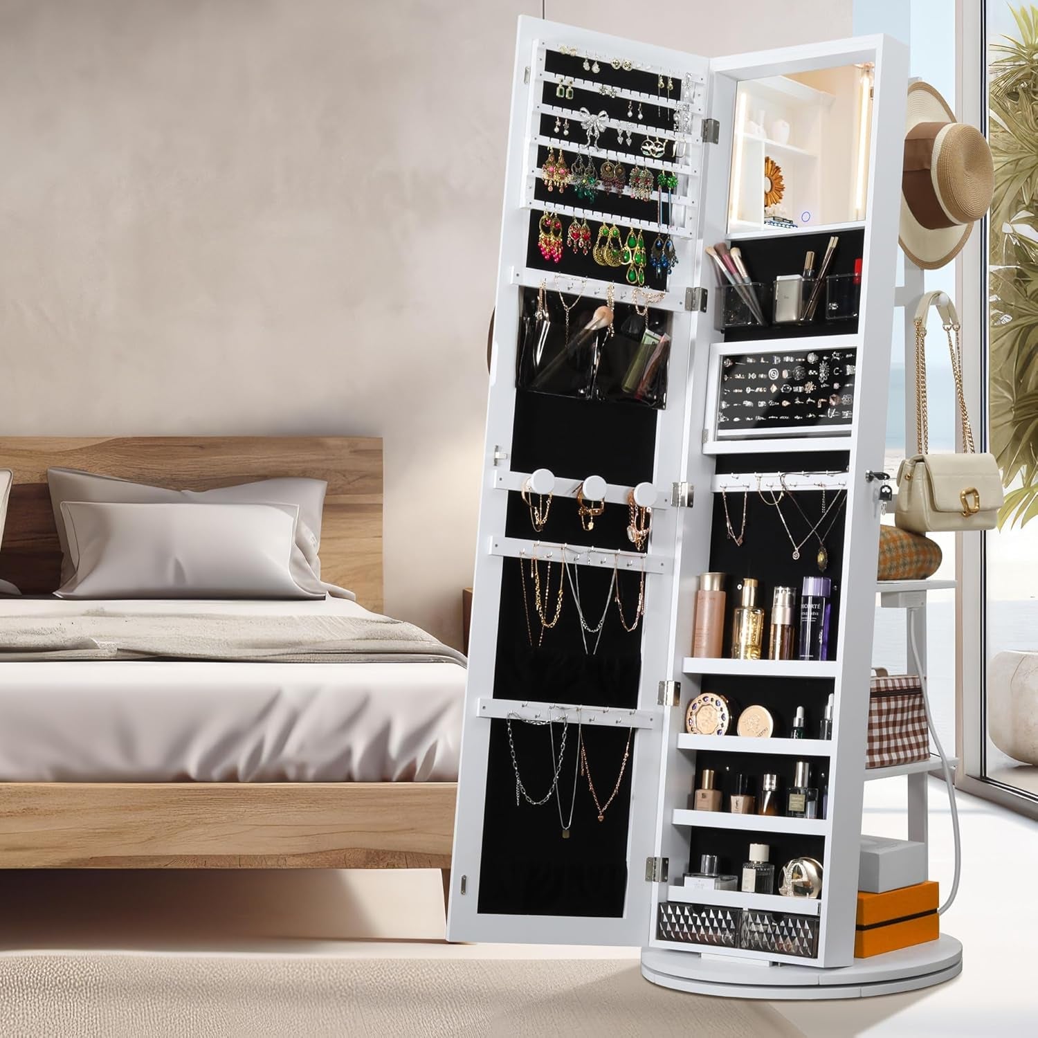 360 Degree Swivel Mirrored Jewelry Cabinet With LED Lights White