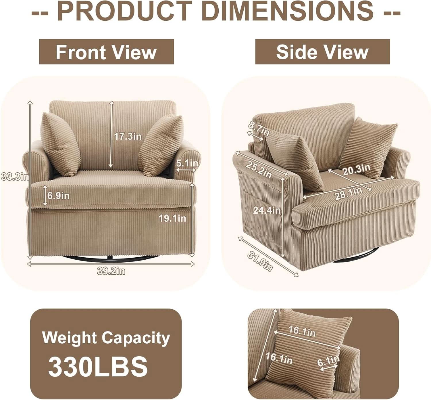 39 Inch Khaki Corduroy Swivel Barrel Chair Open Back