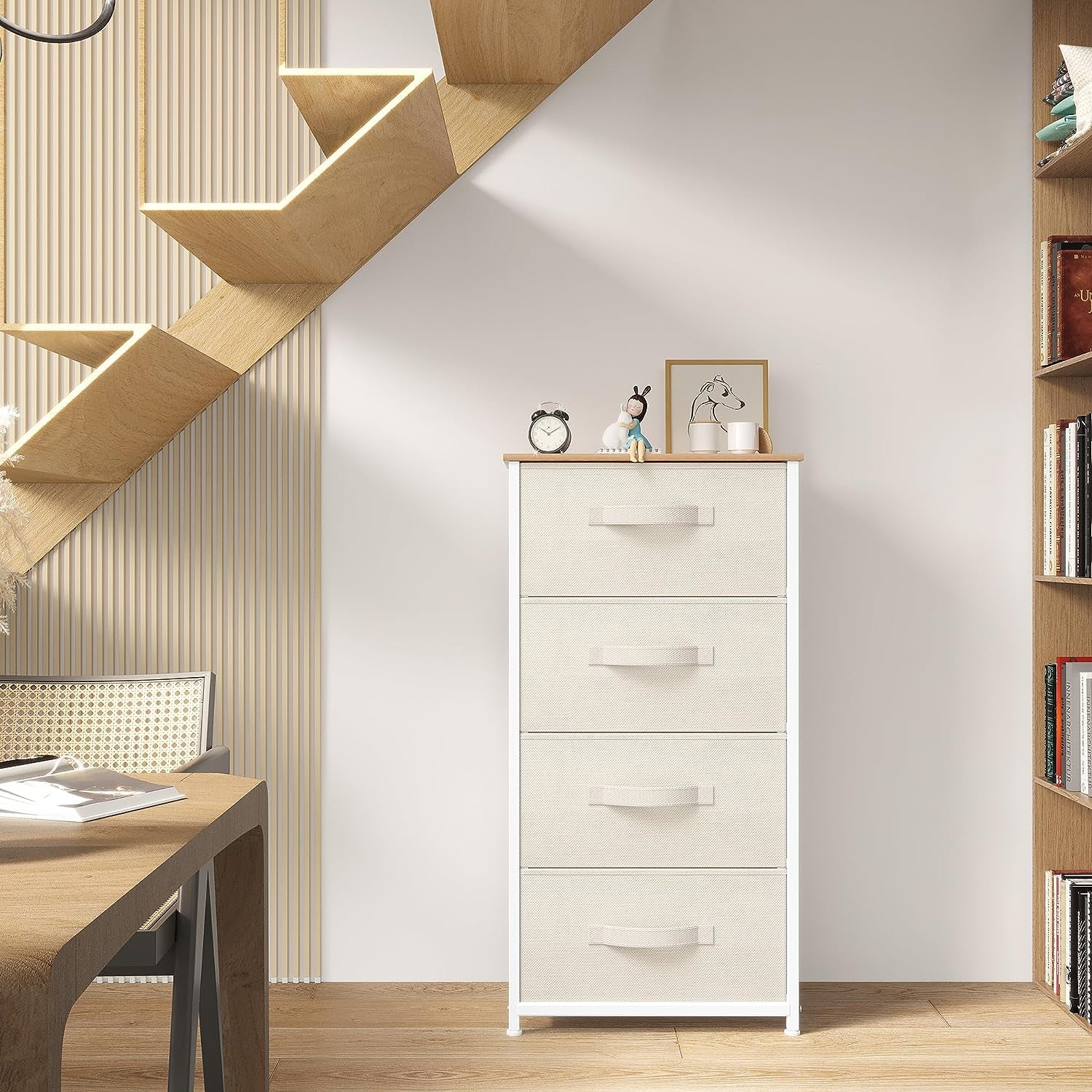 4 Drawer Fabric Dresser With Wooden Top And Easy Pull Bins