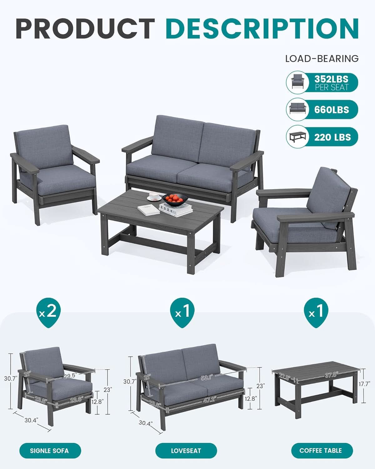 4 Piece All Weather Outdoor Sofa Sectional Set