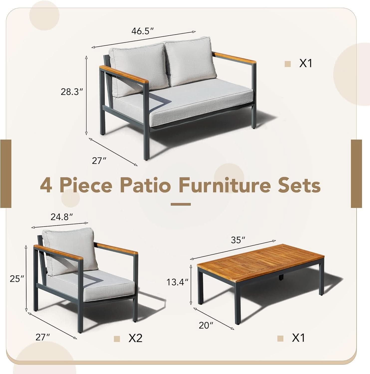 4 Piece Outdoor Patio Set Acacia Wood Sofa and Table