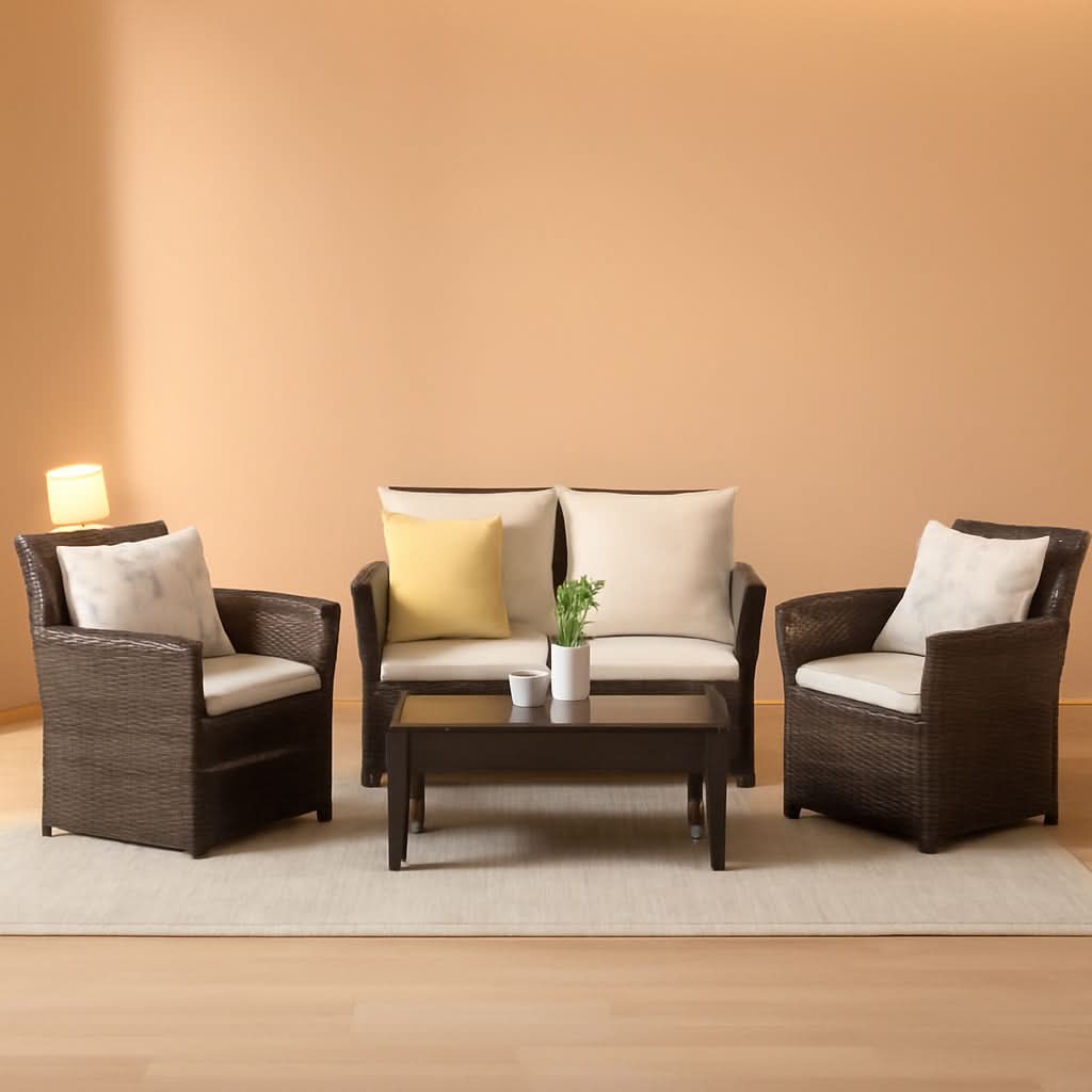 4 Piece Outdoor Wicker Patio Furniture Set Brown Cushions