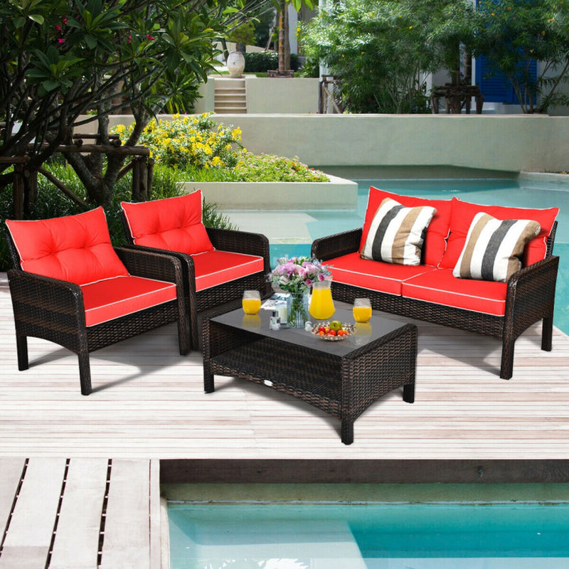 4 Piece Patio Rattan Sofa Set With Cushions Coffee Table
