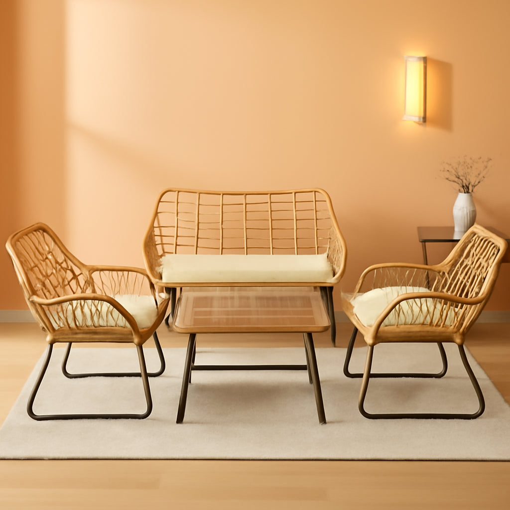 4 Piece Rattan Patio Conversation Set With White Cushions