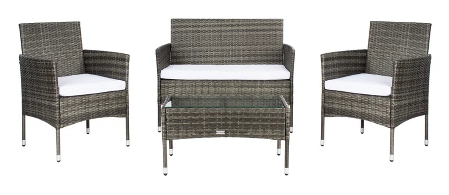 4 Piece Rattan Patio Set With Gray Cushions And Glass Top