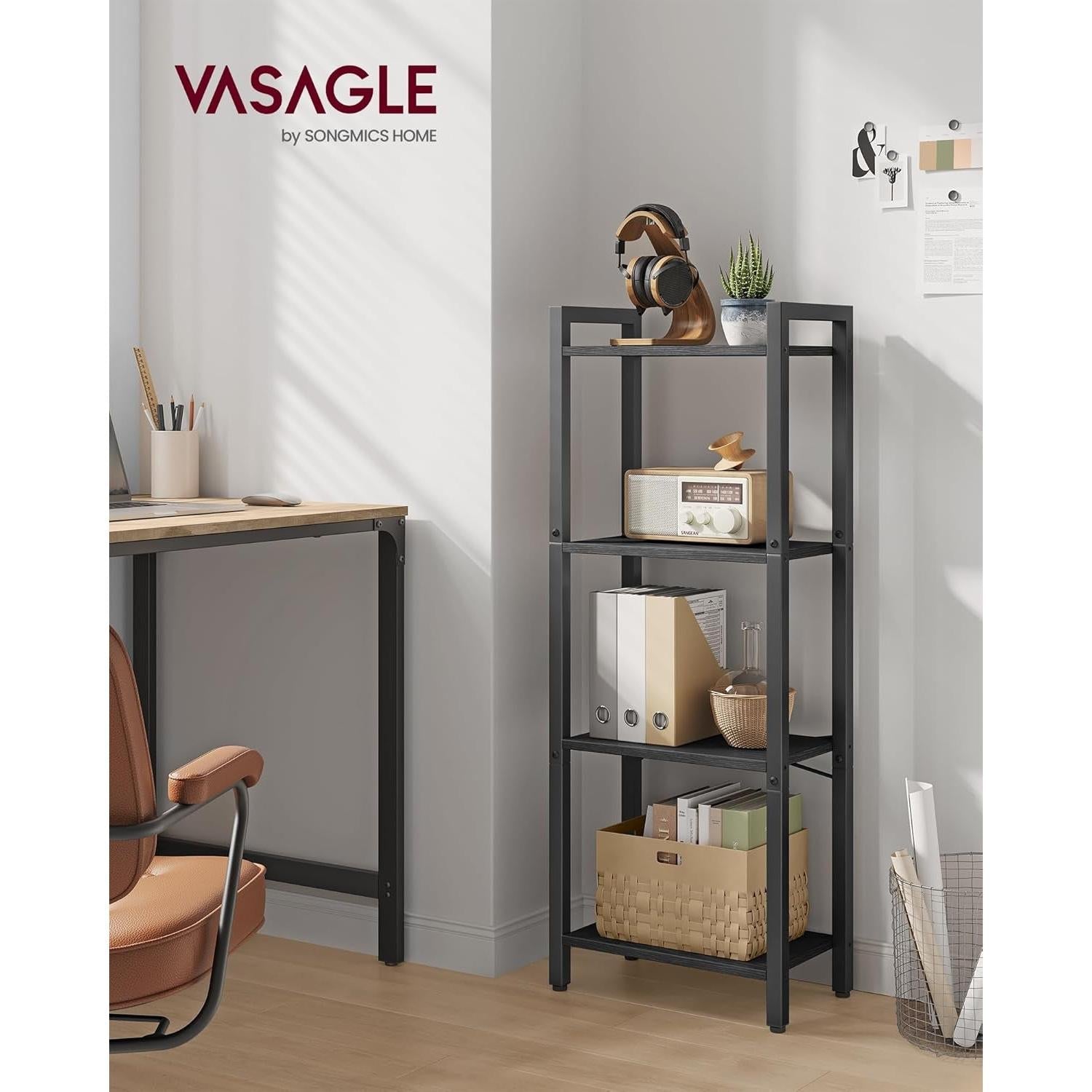 4 Tier Tall Bookshelf With Steel Frame Ebony Black Bookcase