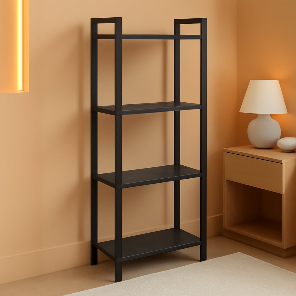 4 Tier Tall Bookshelf With Steel Frame Ebony Black Bookcase