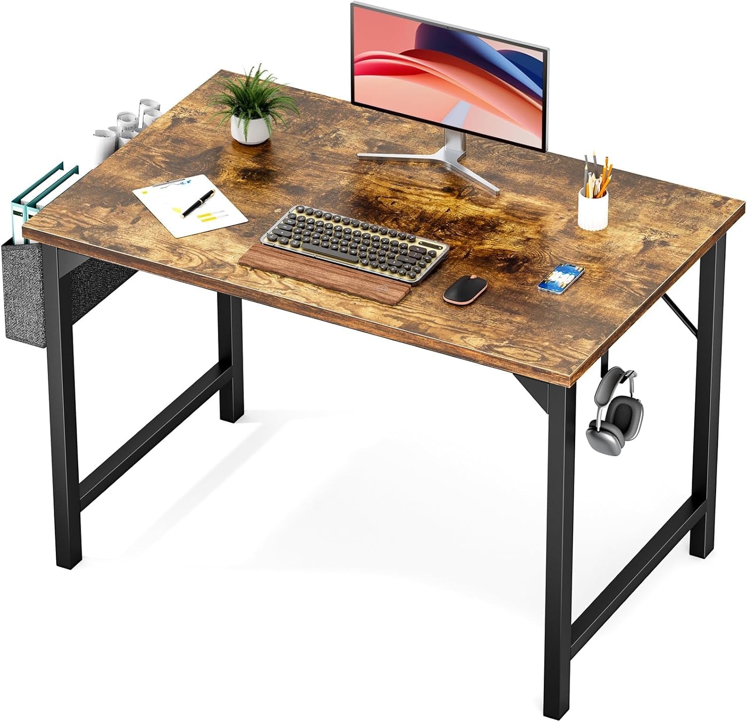 40 Inch Computer Desk With Headphone Hooks Brown Storage Bag