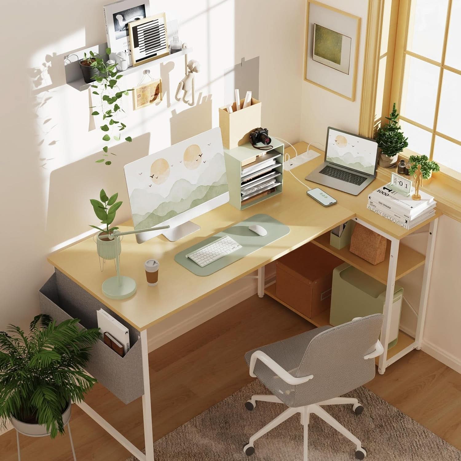 40 Inch L Shaped Computer Desk Beige With Power Outlets