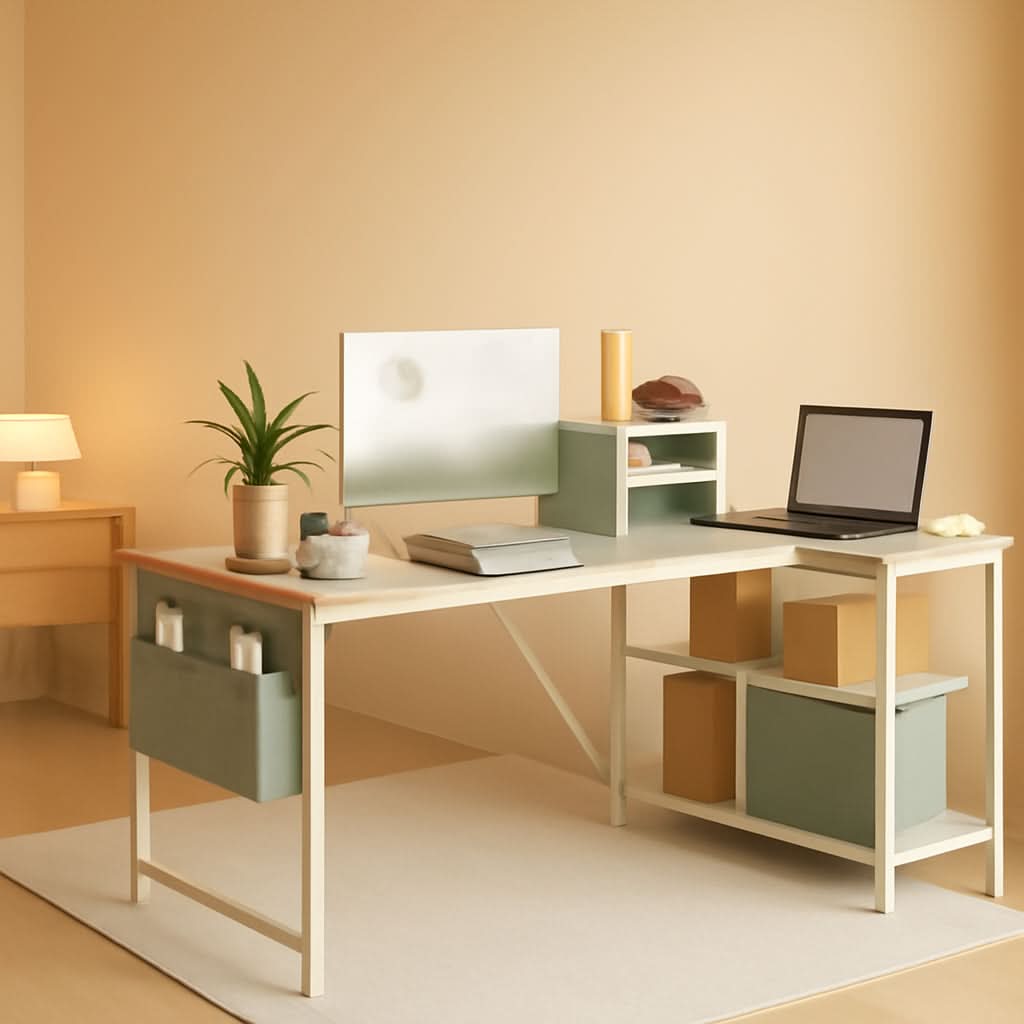 40 Inch L Shaped Computer Desk Beige With Power Outlets